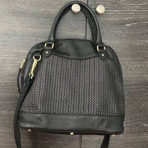 Roots Black Woven Leather Satchel Bag